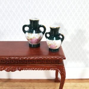 Alittleis Art Supplies Miniature 2 Handle Vases Large Dark Green & White Set of 2 1:12 Scale Dollhouse Decor