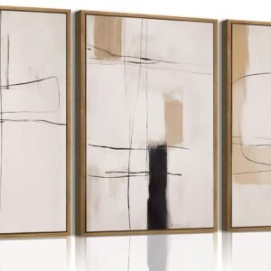 KISSFOX 3 Piece Framed Wall Art Abstract Wall Decor Black Beige White Pictures Modern Minimalist Canvas Art Large Nature Paintings Artwork for Living Room Bedroom Office