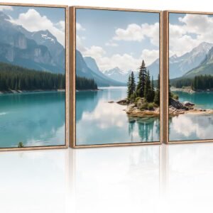 HLNIUC Lake Mountain Landscape Framed Canvas Wall Art,Large Pine Tree Forest Wall Decor,River Island Artwork Set of 3 (24x36),Blue Green Modern Nature Scenery Prints for Living Room,Bedroom,Office
