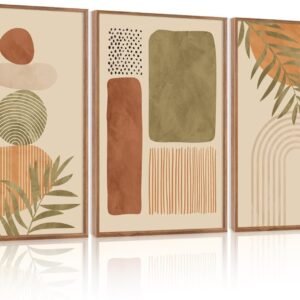 LHIUEM Boho Abstract Sage Framed Canvas Wall Art,Bohemian Neutral Wall Decor,Mid Century Beige Painting,Natural Minimalist Line Artwork for Living Room,Bedroom,Dining Room -24"x36"x3