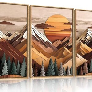 KAIRNE Woodcut Style Mountain Framed Canvas Wall Art Set,Wooden Pine Tree Wall Decor,Vintage Forest Landscape Art Prints,Nature Sunrise Artwork for Living Room,Bedroom,Farmhouse,Office-24 x36 x3