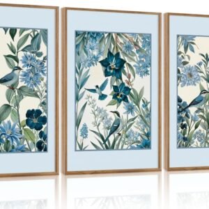 Aurlan Vintage Blue Birds and Botanical Framed Wall Art(24"x36"), 3PCS Classic Chinoiserie Audubon Bird Canvas Artwork, Large Abstract Watercolor Flowers Floral Home Decor for Bedroom Living Room