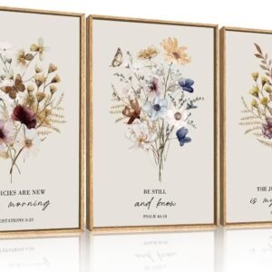 Boho Christian Floral Scripture Wall Art Set of 3, Bible Verse Flower Painting, Religious Wildflower Artwork for Living Room, Bedroom, Fireplace, Modern Botanical for Home Decor- 24"X36"