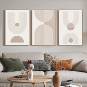 Zessonic Boho Mid Century Modern Wall Art Abstract Framed Canvas Print Neutral Geometric Line Painting, Large Nordic Decorative Artwork for Living Room Bedroom Office- Set of 3, 24"x36" -Ready to Hang