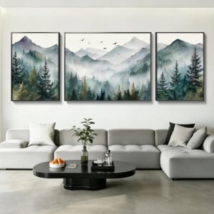 Azartslr Large Modern Framed Canvas Wall Art, 3 Pieces Black Aluminum Alloy Nature Forest Wall Decor for Living Room, Green and Gray Home Bedroom Painting, Watercolor Mountain Landscape Artwork Dining Room Pictures Decoration
