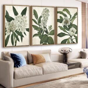 Large Framed Canvas Wall Art - Natural Float Framed White Flowers Green Leaves Pictures Rustic Blossom Foliage Painting Prints Retro Botanical Artwork for Living Room Bedroom Decor 72" X 36" Set of 3