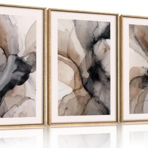 Large Abstract Neutral Framed Canvas Wall Art,Watercolor Black Ink Wall Decor,Modern Beige Brown Prints,Minimalist Line Artwork for Living Room,Bedroom,Dining Room,Office-24 x36 x3