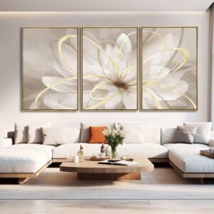 SOUGUAN Living Room Decor White Flower Artwork Gold Canvas Wall Art Abstract Line Painting for Bedroom Kitchen Dining Room Home Wall Decor 26"x40"x 3 Pieces
