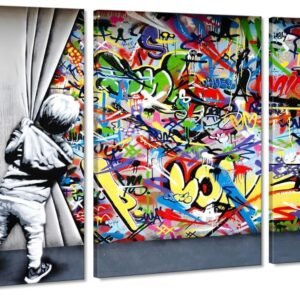 MAMAGO 3 set Graffiti Wall Art Banksy Wall Art Canvas Basquiat Wall Art Behind the Curtain Poster Colorful Street Pop Artwork for Living Room Bedroom Office Modern Wall Decor Framed -24"x36"x3pcs