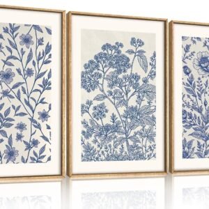 Large Classic Chinoiserie Flower Framed Canvas Wall Art Set,Minimalist Blue and White Floral Wall Decor,Navy Watercolor Botanical Blossom Artwork for Living Room,Bedroom-24 x36 x3