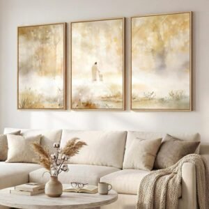 Large Framed Christian 3 Piece Wall Art, Jesus Leaves the 99 Sheep Canvas Prints, Neutral Gold Forest Misty Landscape, Religious Artwork for Living Room Dining Room Prayer Room Wall Decor, 24x36 In