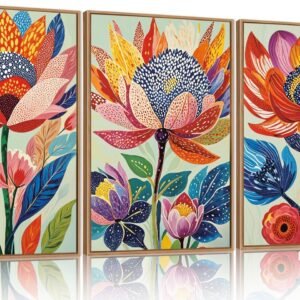 HPINUB Abstract Botanical Floral Framed Canvas Wall Art Set,Colorful Dot Art Modern Flower Wall Decor,Vibrant Blooming Flowers Artwork Eye-Catching Boho Art Print for Living Room,Bedroom-24 x36 x3