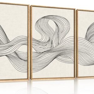 HPNIUB Neutral Abstract Beige Wave Framed Wall Art Set,Minimalist Black Line Wave Wall Decor,Modern Geometric Art Print,Boho Textured Artwork for Living Room, Bedroom,Office-24 x36 x3