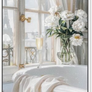 Art Remedy Ivory Bathroom in Paris Canvas Glam Bathroom Art, White Frame, 16" x 24"