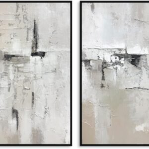 SAFERRYHOME Abstract Textured Wall Art Hand Painted, Large 3D Texture Minimalist Framed Canvas Wall Decor, Neutral Modern Gray White Painting Artwork for Home Office Living Room, 24"x36"x2