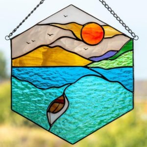 Nautical Stained Glass Window Hanging Art Panel – Real Tiffany Handmade Vintage Decor Unique Home or Wall Gift Artwork