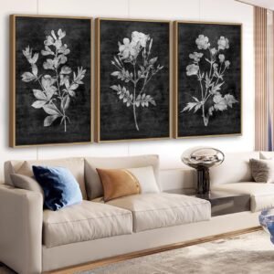 Large Framed Canvas Wall Art - Natural Float Framed Rustic White Flower Leaf Pictures for Living Room Decor Black Canvas Artwork Plants for Bedroom Kitchen Home Office Decoration 60" X 28" Set of 3