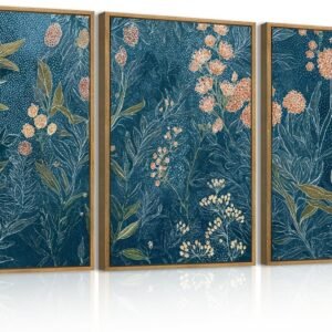 Large Vintage Dark Blue Wildflower Framed Canvas Wall Art Set,Abstract Moody Floral Leaves Wall Decor,Modern Blossom Botanical Artwork for Living Room,Bedroom,Farmhouse-24 x36 x3