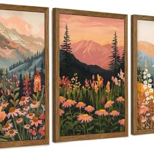 InspiredHues Large Colorful Landscape Boho Canvas Wall Art Set, 3 Piece Wildflower Mountain Wall Decor, Vintage Floral Rustic Nature Artwork Prints for Living Room Bedroom Office 20x30 In Wood Framed