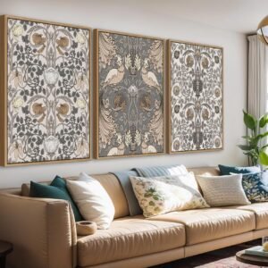 Large Retro Framed Wall Art - Natural Float Framed Vintage Flowers Canvas William Morris Painting Pictures Rustic Floral Pattern Prints Artwork for Living Room Bedroom Office Decor 72" X 36" Set of 3