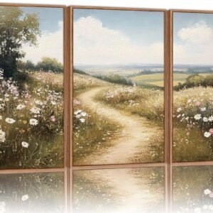 Rantodecor Rustic French Country Framed Canvas Wall Art, Vintage Flower Field Wall Decor, Calming Nature Landscape Art Paintings, Modern Wildflower Artwork for Farmhouse Bedroom Living Room 24"x36"x3