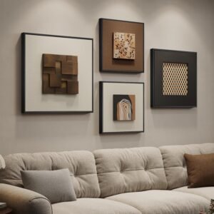 Large Framed Wood Wall Art for Living Room, 4 Piece 3D Abstract Modern Neutral Textured Wall Decor, Minimalist Black Brown Beige Geometric Wooden Artwork for Dining Room, Hallway, Office
