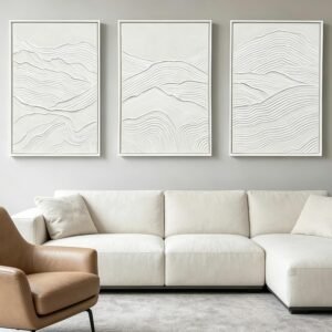 Large 3D Hand Painted Textured Abstract Wall Art for Living Room, 3 Piece White Mountain Wave Modern Paintings, Framed Minimalist Artwork for for Hallway Office Wall Decor 24x36 Inch