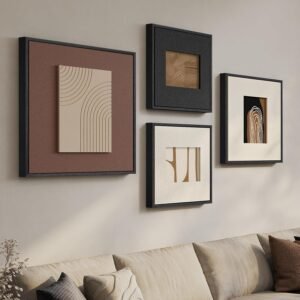 Large Framed 3D Textured Wall Art for Living Room, 4 Piece Abstract Modern Paintings Artwork for Walls, Black and White Brown Sandstone Wall Art Decor Set for Dining Room, Bedroom