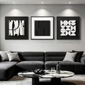 HISPACE 3D Textured Framed Wall Art for Living Room, Set of 3 Black and White Abstract Artwork with Solid Wood Frame, Minimalist Geometric Pictures for Hallway Office Home Decor,19.69 X19.69 INCH