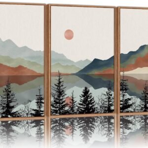 Tinonedraw Boho Mountain Framed Canvas Wall Art Set, Watercolor Nature Landscape Wall Decor, Black Pine Trees Forest Artwork, Neutral Modern Sunrise Art Prints for Living Room Bedroom Office 24"x36"x3