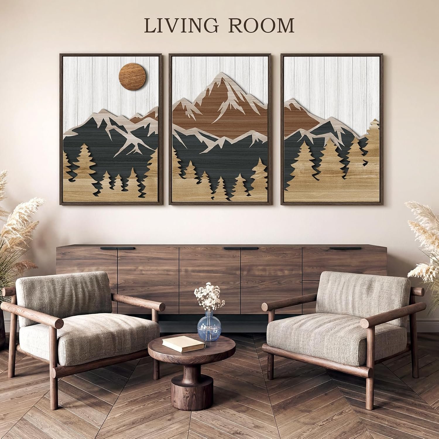 VIYYIEA 3D Textured Wood Wall Art, 3 Piece Large Mountain Wall Decor, Boho Artwork for Living Room Bedroom, Modern Landscape Painting, Sunset Mountain, 24" L x 48" W - Image 5