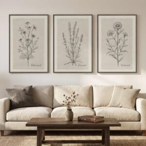 Framed Farmhouse Botanical Canvas Wall Art for Living Room, 3 Piece Large Vintage Neutral Floral Line Artwork for Walls, Minimalist Rustic Sketch Art Prints Paintings for Bedroom Kitchen, 24x36 Inch